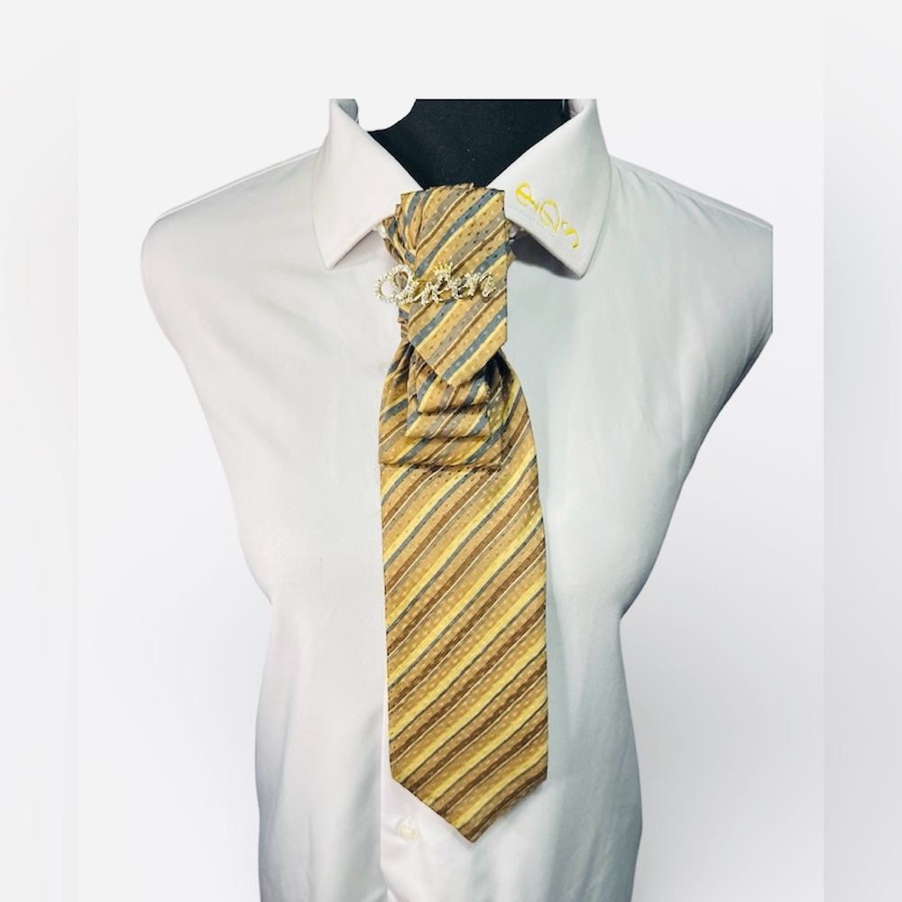 Gold, Brown, and Blue Striped Necktie with Queen Brooch